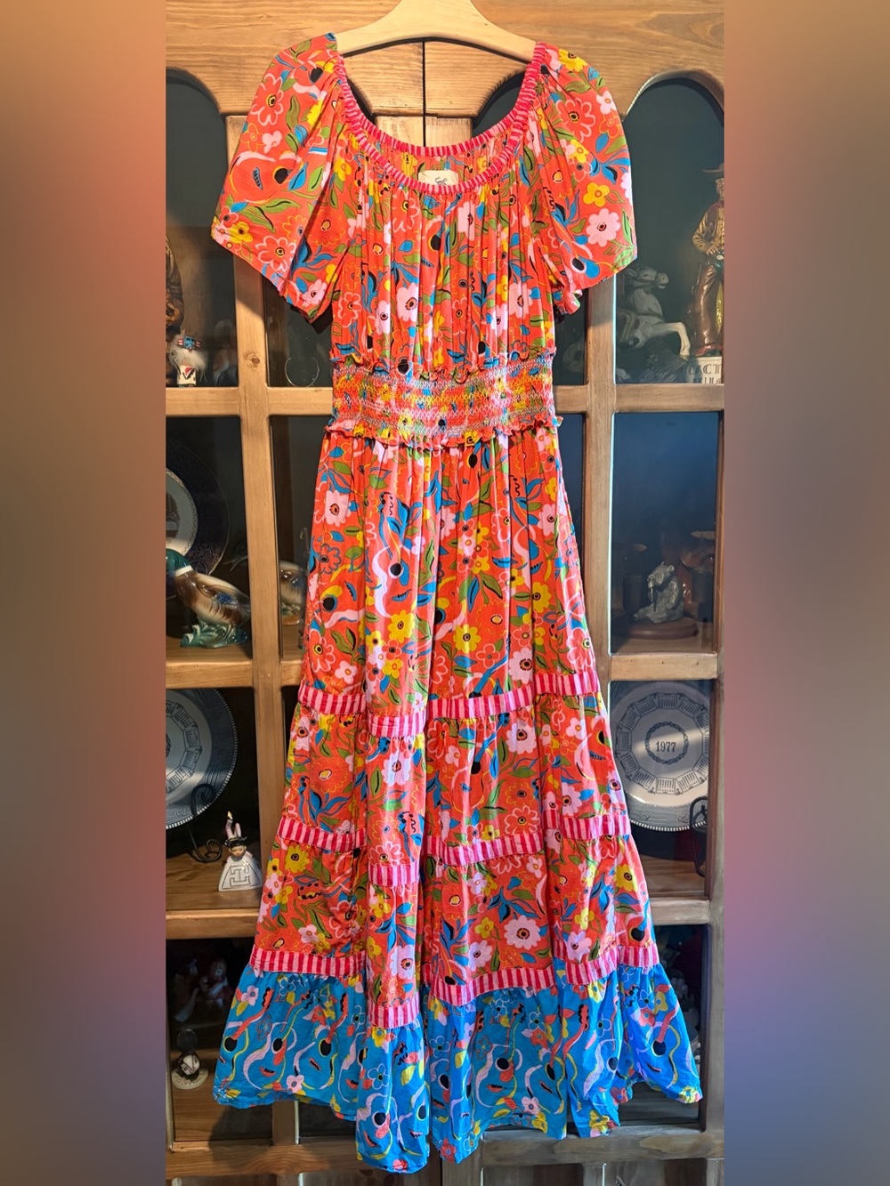 Printfresh Penciled In Dress Size Medium Bright Floral Maxi Dress Coral & Blue - Picture 4 of 11
